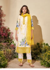 Women's Yellow Fusion Regular Fit Printed Three Quarter Sleeves Kurtas Sets