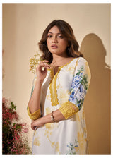 Women's Yellow Fusion Regular Fit Printed Three Quarter Sleeves Kurtas Sets