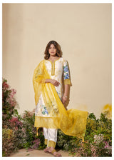 Women's Yellow Fusion Regular Fit Printed Three Quarter Sleeves Kurtas Sets