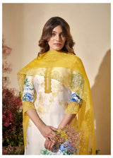Women's Yellow Fusion Regular Fit Printed Three Quarter Sleeves Kurtas Sets