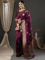 Women's Silk Blend Purple Woven Design Designer Saree with Blouse Piece