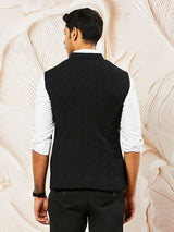 Men's Black Suiting Fabric Embossed Work Full Sleeves Nehru Jacket