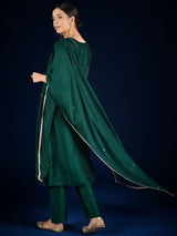 Women's Green Embellished V-Neck Kurta with Solid Trouser and Elegant Dupatta