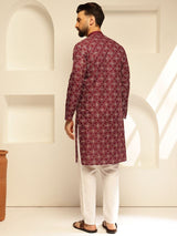 Men's Maroon Cotton Silk Thread Embroidered Long Kurta with Golden Accents