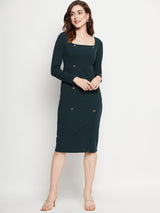 Women's Green Square Neck Sheath Knee Dress