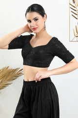 Women's Black Georgette Padded Back Open Elbow Sleeves Saree Blouse