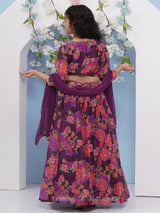 Girls Purple and Pink Ethnic Printed Three Quarter Sleeves Choli and Lehenga