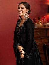Women's Ethnic Black Flared Velvet Kurta Set with Dupatta