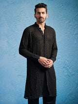 Men's Black Embroidered Georgette Stylish Kurta