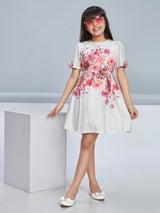Girls Pink Knee Length Semi Casual Dress with Belt