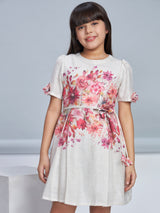 Girls Pink Knee Length Semi Casual Dress with Belt