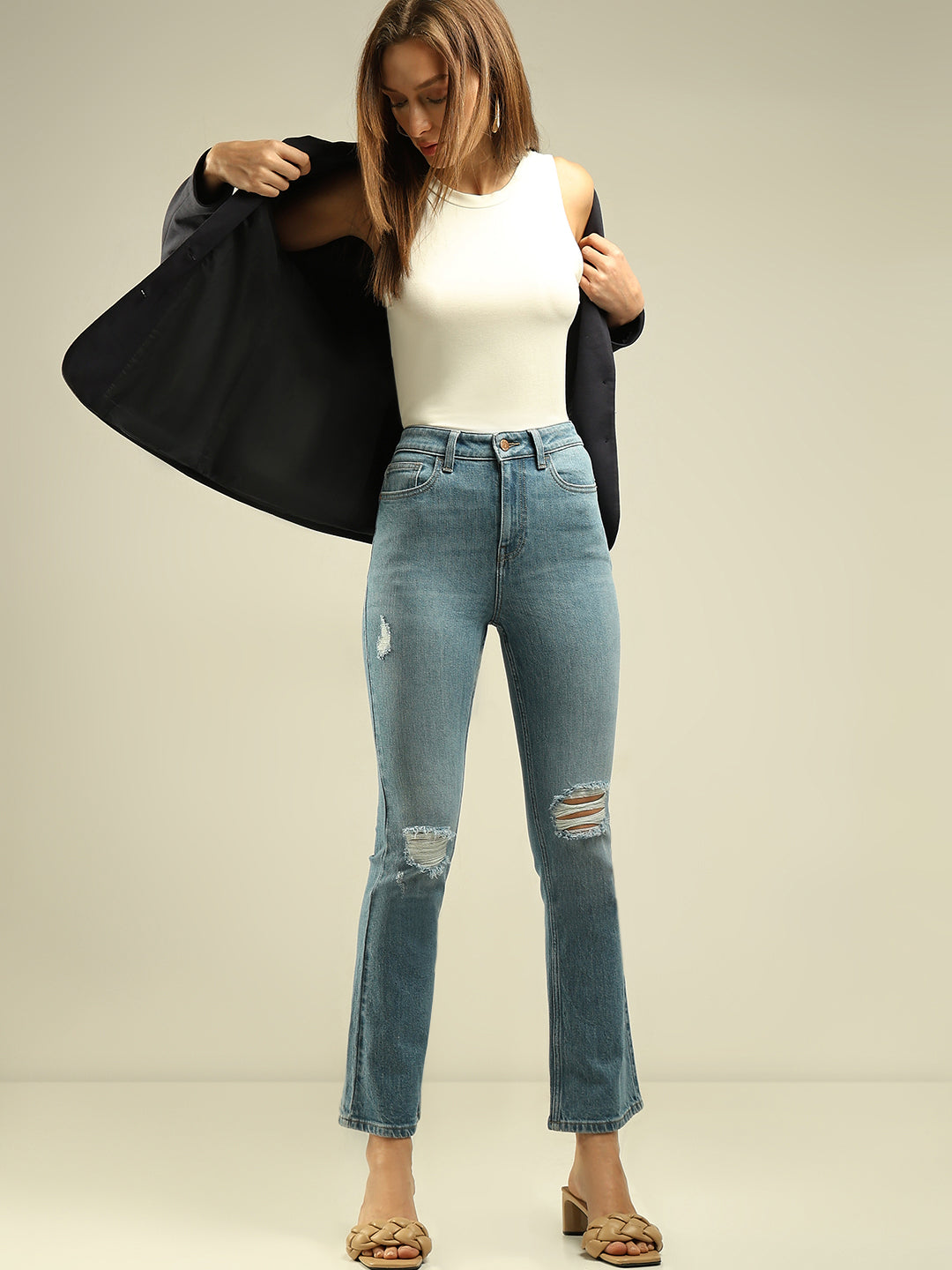 Women's Blue Distressed Bootcut Jeans