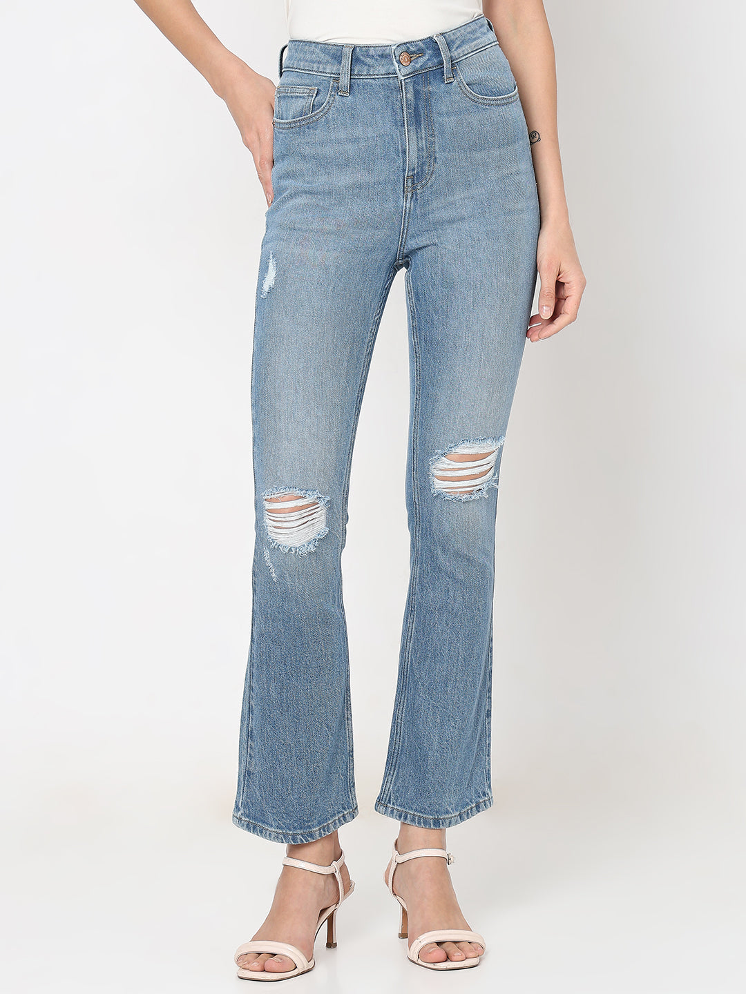 Women's Blue Distressed Bootcut Jeans