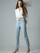 Women's Blue High Rise Distressed Straight Jeans