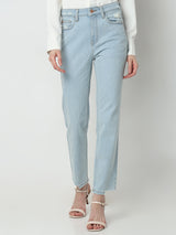 Women's Blue High Rise Distressed Straight Jeans