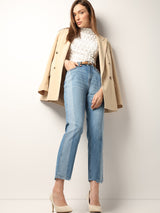 Women's Blue High Rise Two-Toned Straight Jeans
