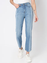 Women's Blue High Rise Two-Toned Straight Jeans