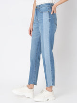 Women's Blue High Rise Two-Toned Straight Jeans