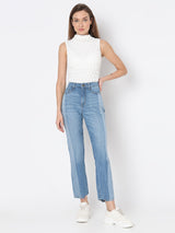 Women's Blue High Rise Two-Toned Straight Jeans