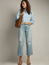 Women's Blue High Rise Distressed Wide Leg Jeans