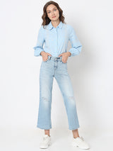 Women's Blue High Rise Distressed Wide Leg Jeans