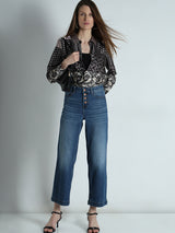 Women's Blue High Rise Buttoned Wide Leg Jeans