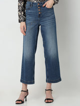 Women's Blue High Rise Buttoned Wide Leg Jeans