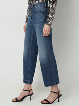 Women's Blue High Rise Buttoned Wide Leg Jeans