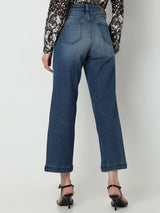 Women's Blue High Rise Buttoned Wide Leg Jeans