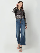 Women's Blue High Rise Buttoned Wide Leg Jeans