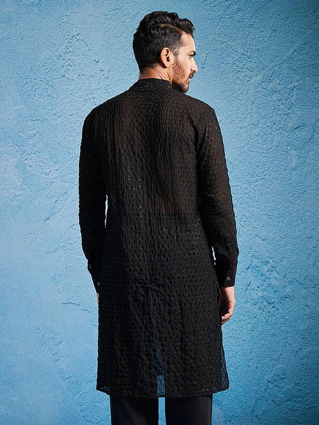 Men's Black Embroidered Georgette Stylish Kurta