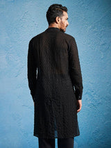Men's Black Embroidered Georgette Stylish Kurta