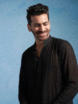 Men's Black Embroidered Georgette Stylish Kurta