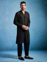 Men's Black Embroidered Georgette Stylish Kurta