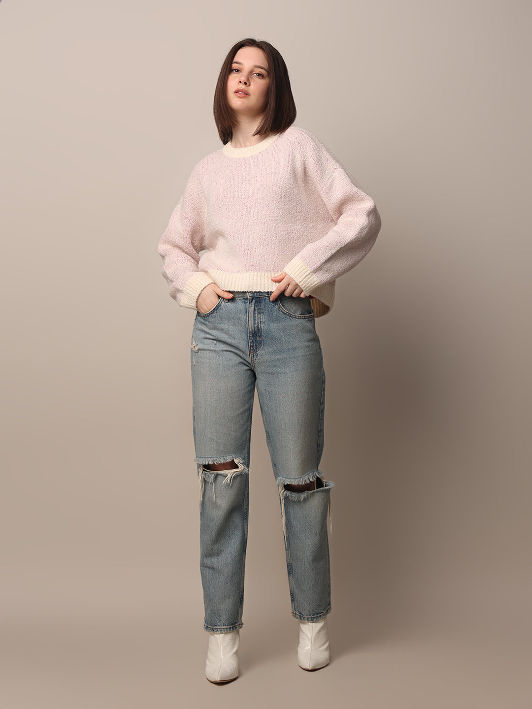 Women's Pink Solid Casual Fluffy Pullover