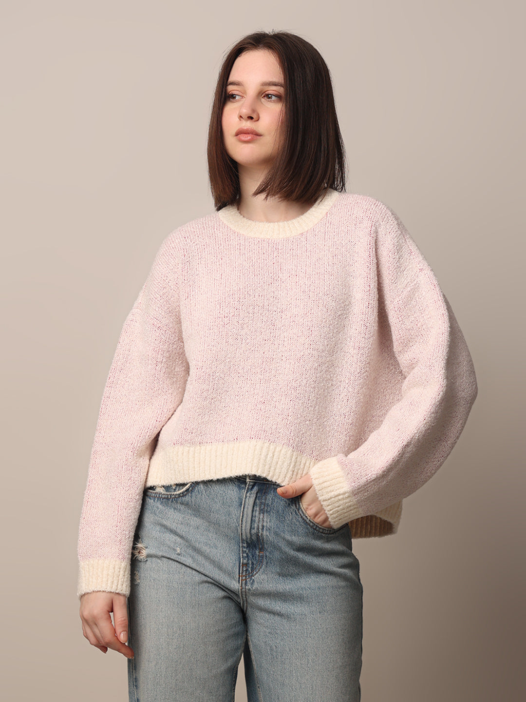 Women's Pink Solid Casual Fluffy Pullover