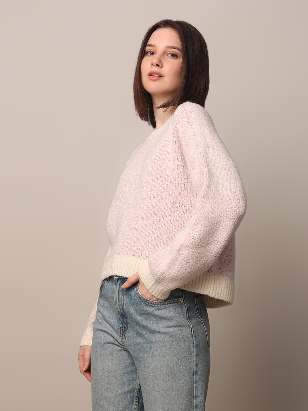 Women's Pink Solid Casual Fluffy Pullover