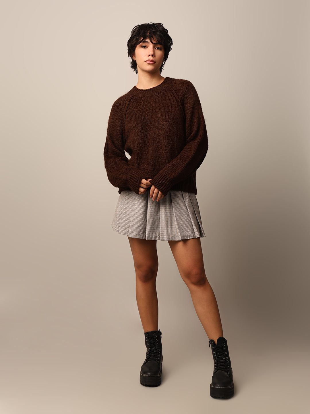 Women's Brown Solid Casual Raglan Sleeves Pullover