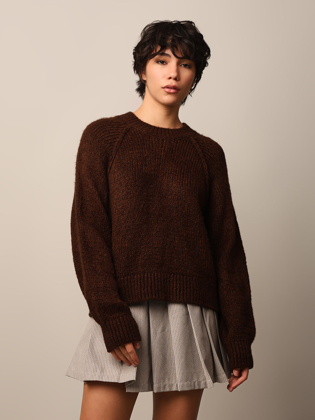 Women's Brown Solid Casual Raglan Sleeves Pullover