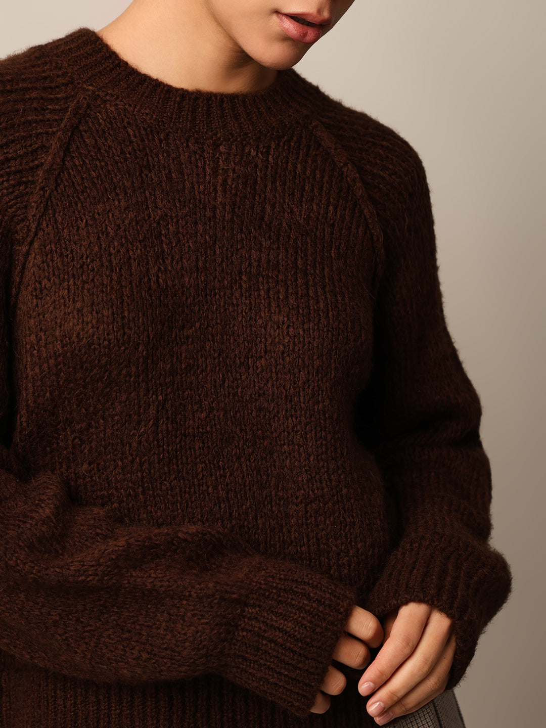 Women's Brown Solid Casual Raglan Sleeves Pullover