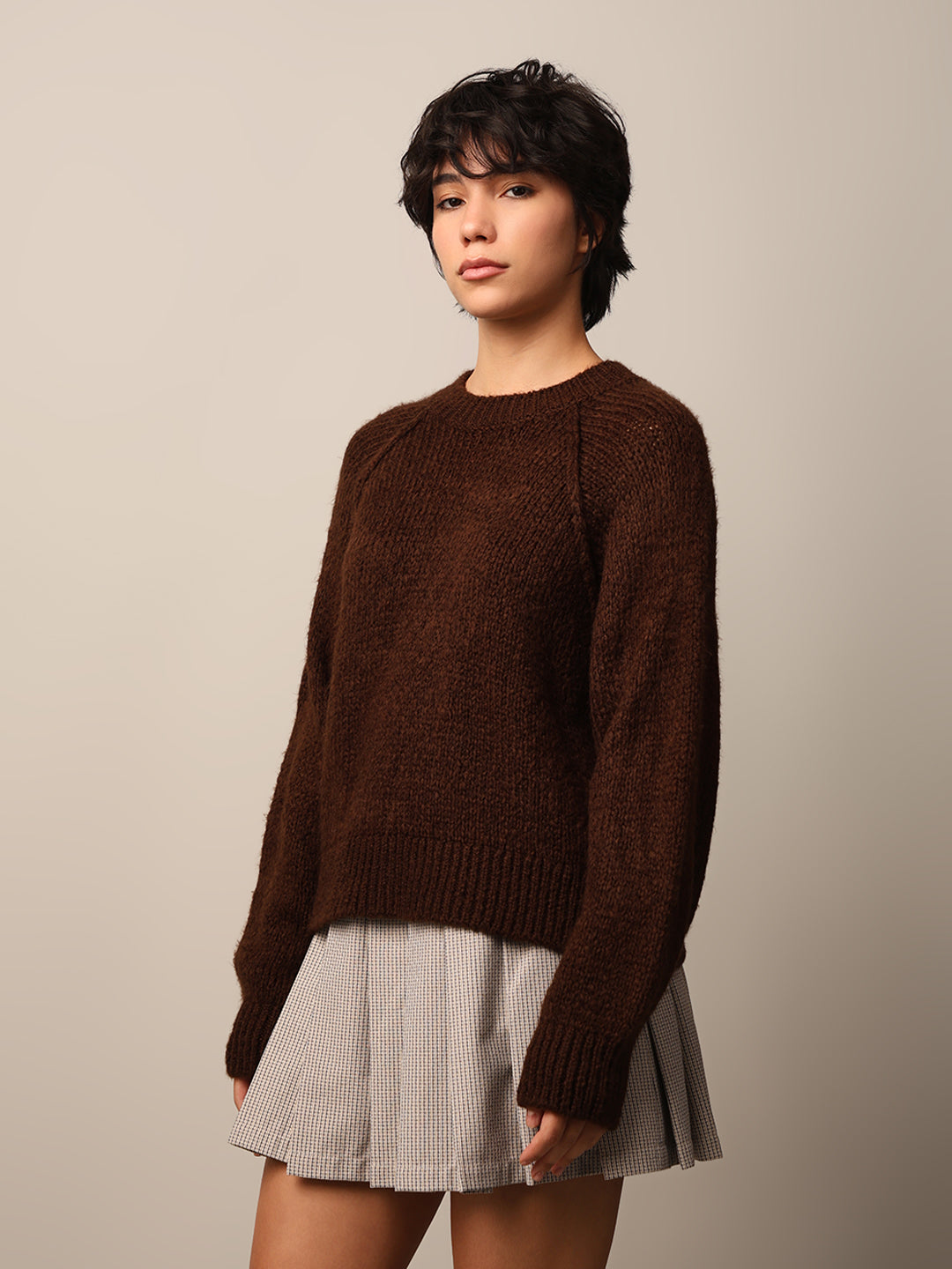 Women's Brown Solid Casual Raglan Sleeves Pullover