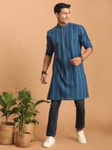 Men's Blue Woven Jacquard Kurta