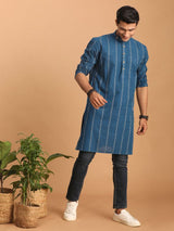 Men's Blue Woven Jacquard Kurta