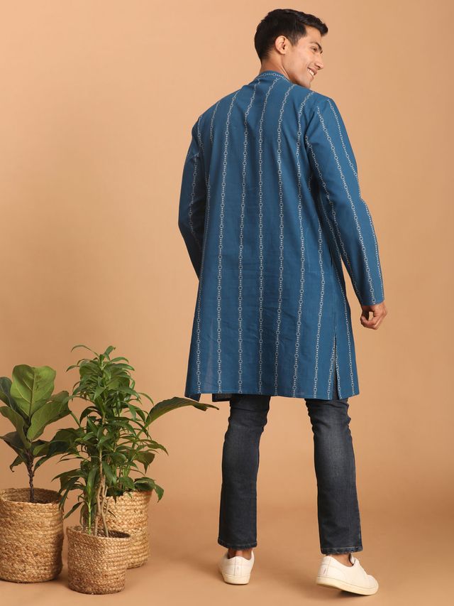 Men's Blue Woven Jacquard Kurta