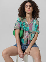 Women's Green Woven Casual Printed Cropped Half Sleeves Shirt
