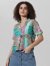 Women's Green Woven Casual Printed Cropped Half Sleeves Shirt