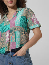 Women's Green Woven Casual Printed Cropped Half Sleeves Shirt