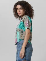 Women's Green Woven Casual Printed Cropped Half Sleeves Shirt