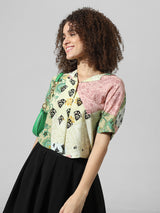 Women's Green Woven Casual Printed Cropped Half Sleeves Shirt
