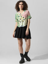 Women's Green Woven Casual Printed Cropped Half Sleeves Shirt